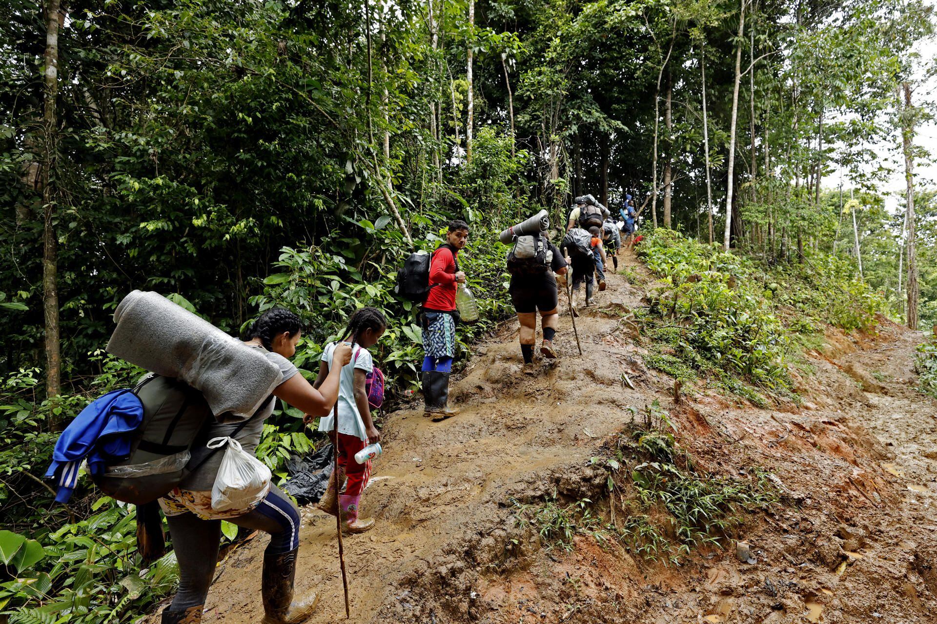 Migrantes venezolanos suben una montaña con la intención de llegar a Panamá. EFE