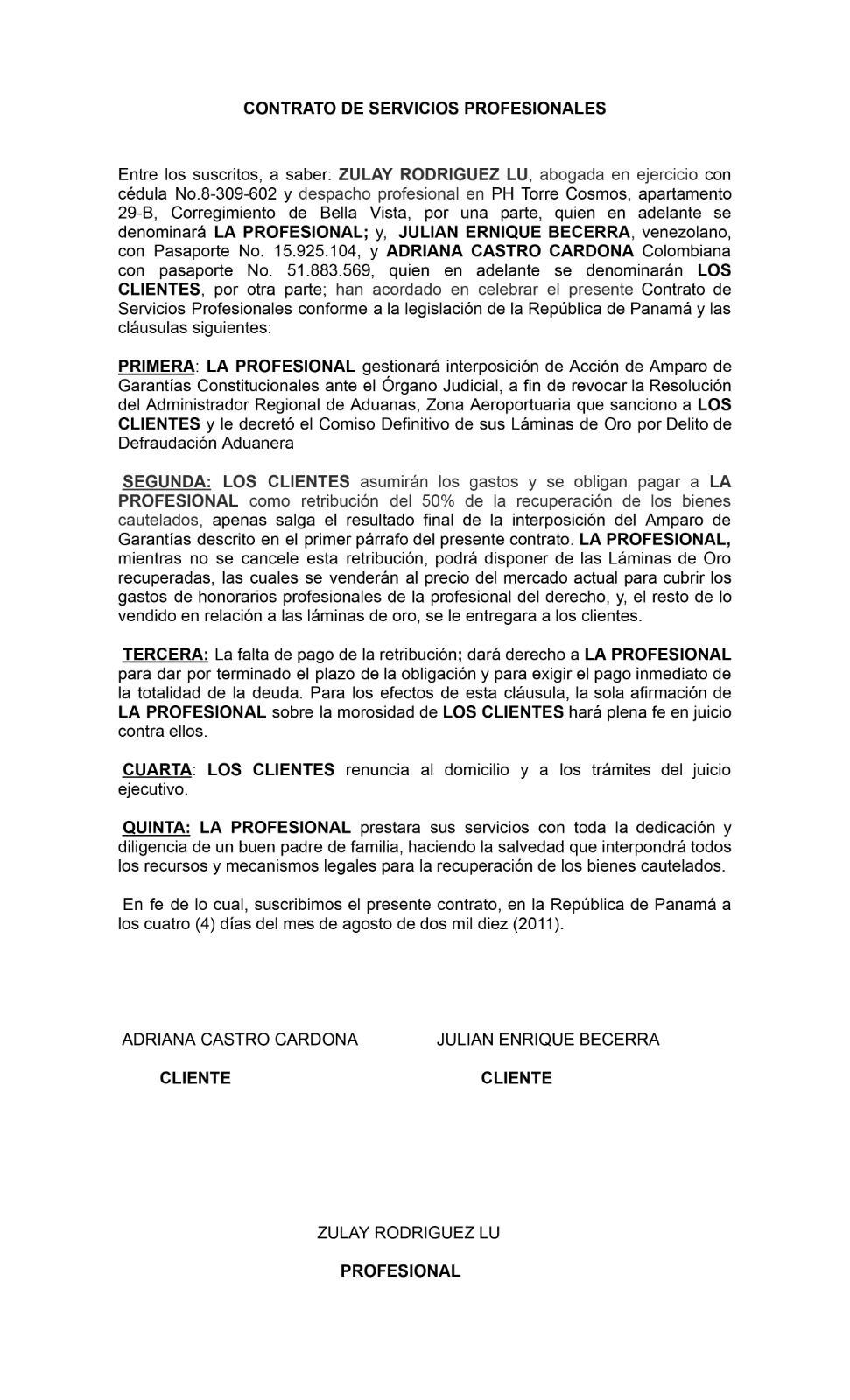 Contrato de servicios de Zulay Rodríguez con familiares de Juan Mauricio Becerra.