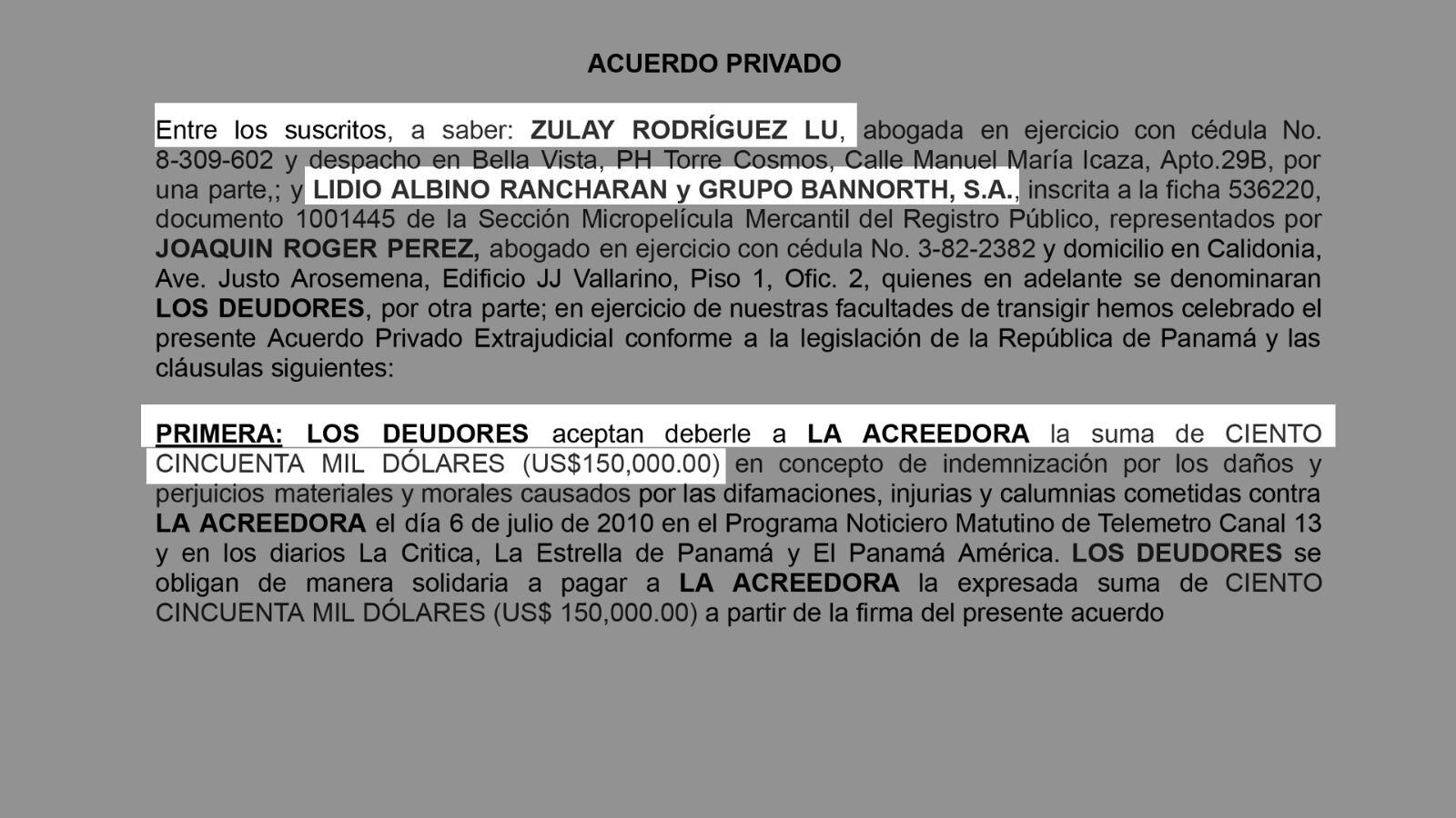 Acuerdo privado entre Zulay Rodríguez y Lidio Rancharán.
