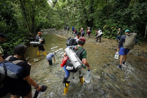 Migrantes venezolanos suben una montaña con la intención de llegar a Panamá, el 8 de octubre de 2022 en el Tapón del Darién (Colombia). EFE/Mauricio Dueñas Castañeda