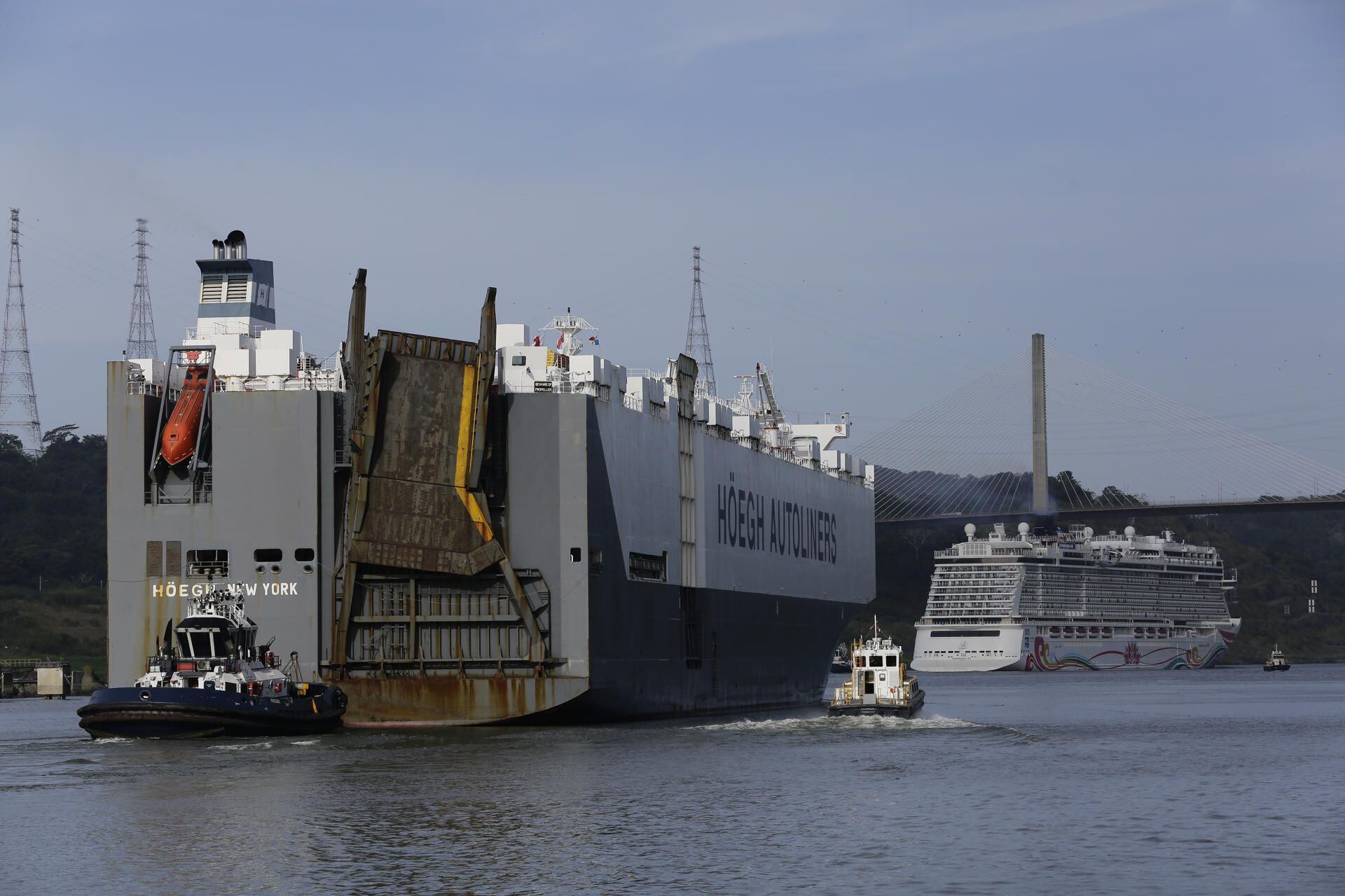 Un buque de carga de transporte de automóviles y un crucero transitan por la ruta del Canal de Panamá. EFE/Carlos Lemos
