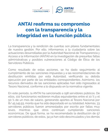 ANTAI sanciona a 198 servidores públicos y recomendó la destitución de 57 funcionarios