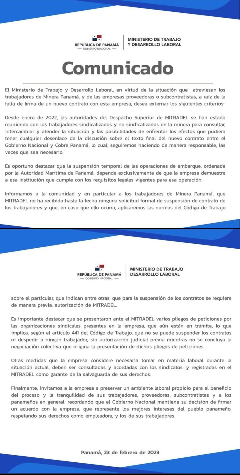 El Mici pide a First Quantum abstenerse de crear ‘desasosiego e incertidumbre’; la mina sigue cerrada y sin contrato