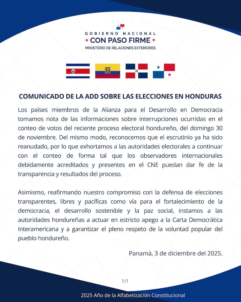 Panamá y otros tres países piden respetar la voluntad popular en Honduras