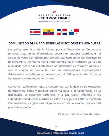 Panamá y otros tres países piden respetar la voluntad popular en Honduras