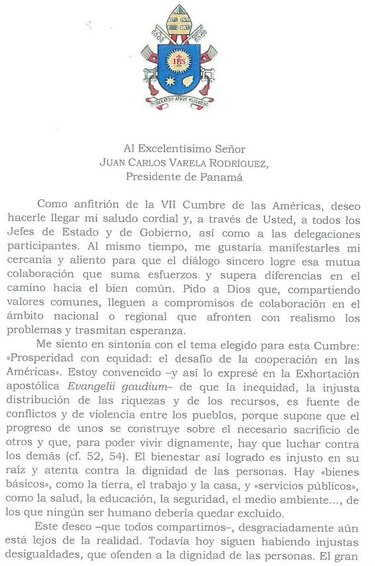 Lea la carta que el papa Francisco le mandó a Juan Carlos Varela y a los presidentes asistentes a la cumbre