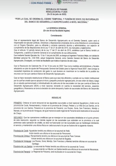 Ordenan cierre temporal y fusión de 12 sucursales del Banco de Desarrollo Agropecuario