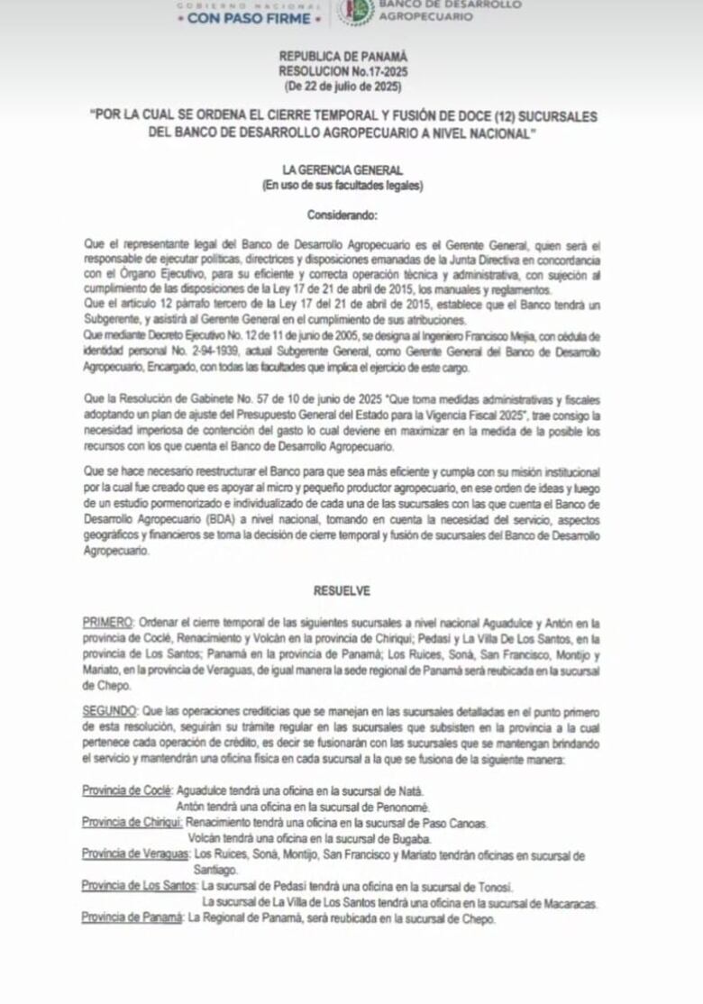 Ordenan cierre temporal y fusión de 12 sucursales del Banco de Desarrollo Agropecuario