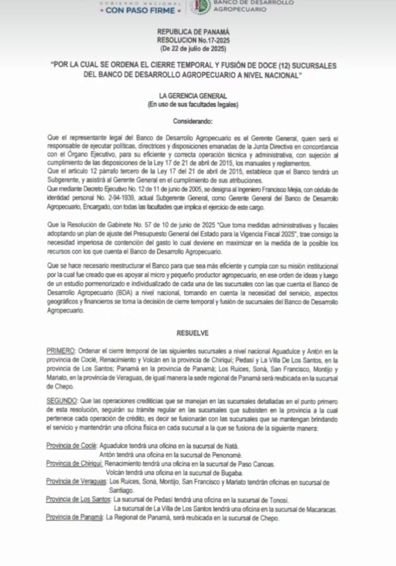 Ordenan cierre temporal y fusión de 12 sucursales del Banco de Desarrollo Agropecuario