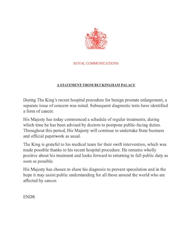 El primer ministro británico dice que el cáncer de Carlos III se ha detectado pronto
