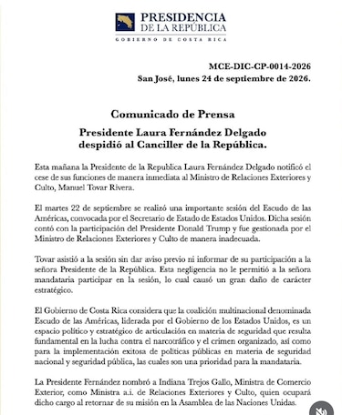 La presidenta de Costa Rica destituye a canciller por no avisarle de reunión con Trump