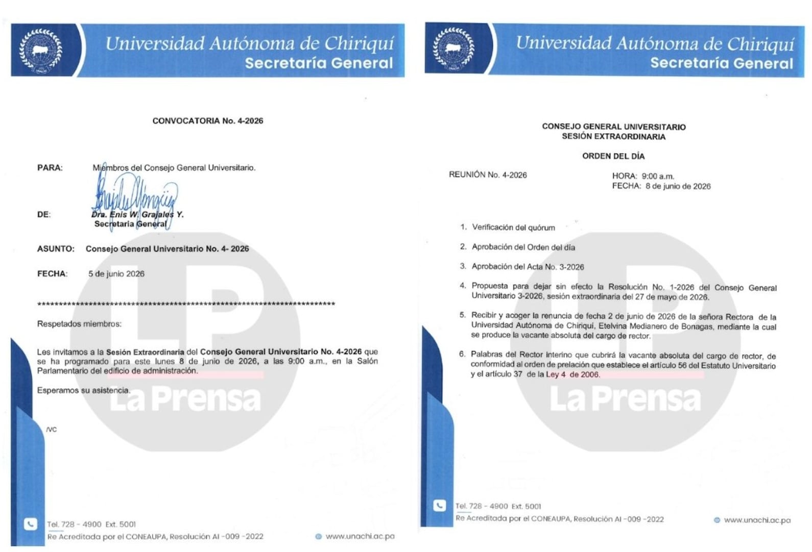 Nota del Consejo General Universitario del 5 de junio de 2026, en el que convoca a una sesión extraordinaria el próximo 8 de junio. Ese día se hace efectiva la renuncia de la rectora Etelvina de Bonagas.