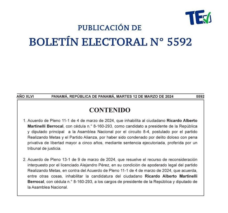 La inhabilitación de Ricardo Martinelli como candidato presidencial, publicada en el Boletín Electoral