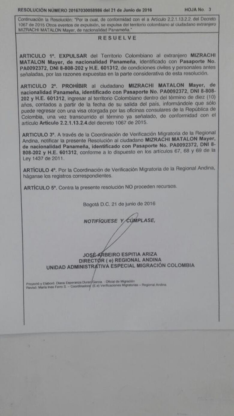 Cancillería colombiana: expulsión de Mayer Mizrachi sigue vigente