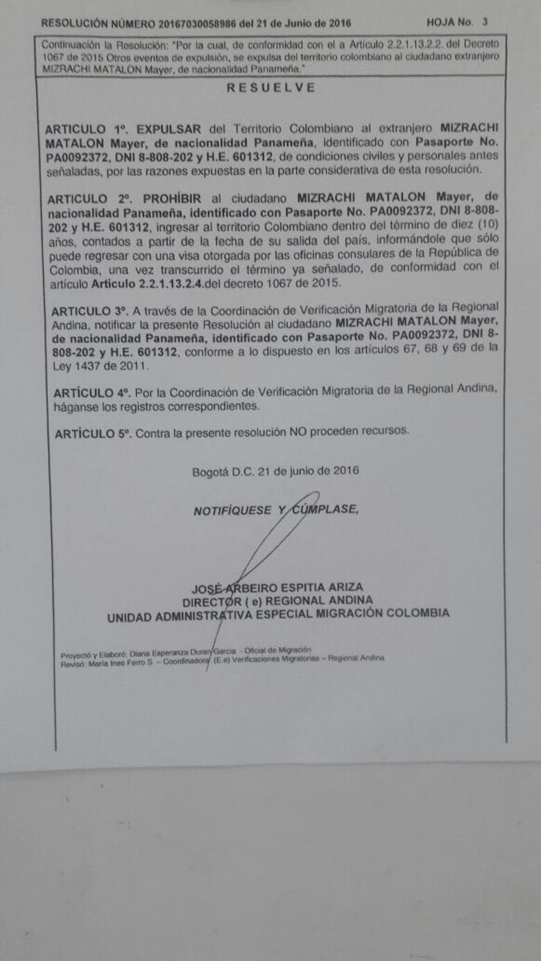 Cancillería colombiana: expulsión de Mayer Mizrachi sigue vigente