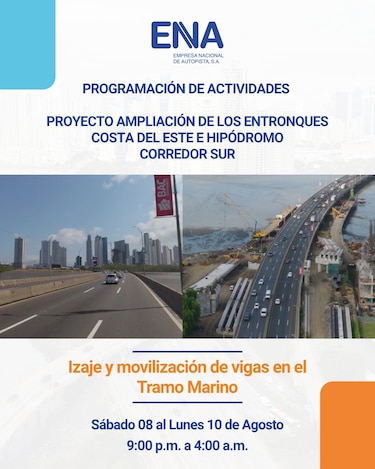 ENA SUR, S.A. informa cierre temporal del Corredor Sur por trabajos de izaje de vigas