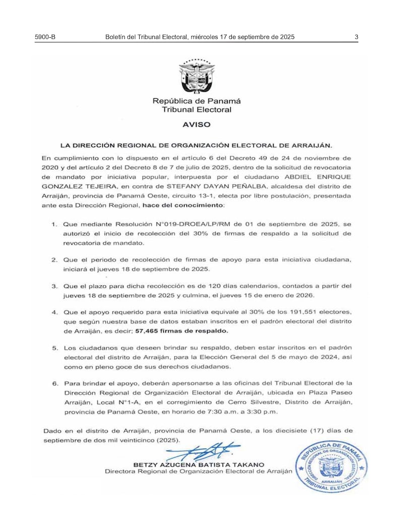 Revocatoria a la alcaldesa Stefany Peñalba: comienza la carrera por 57 mil firmas en Arraiján