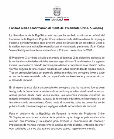 Presidente chino visitará Panamá del 2 al 3 de diciembre