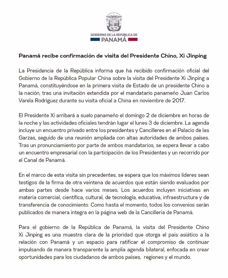 Presidente chino visitará Panamá del 2 al 3 de diciembre