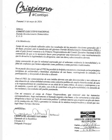 Crispiano Adames renuncia como primer vicepresidente del CEN del PRD