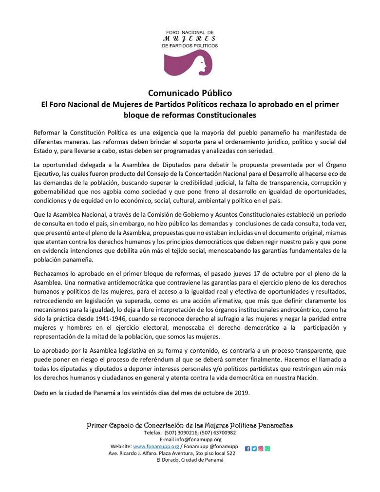 Mujeres de Partidos Políticos rechazan aprobación de reformas constitucionales