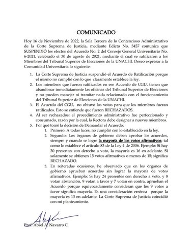 Revés para el plan de reelección de la rectora de la Unachi