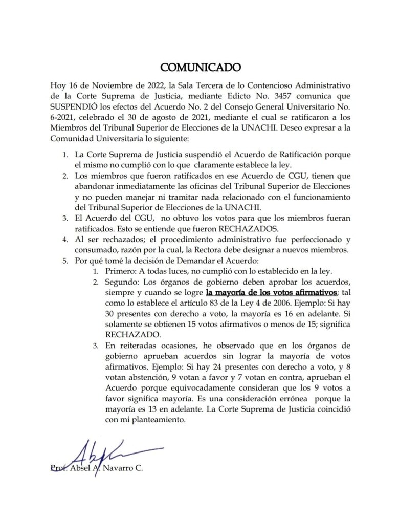 Revés para el plan de reelección de la rectora de la Unachi