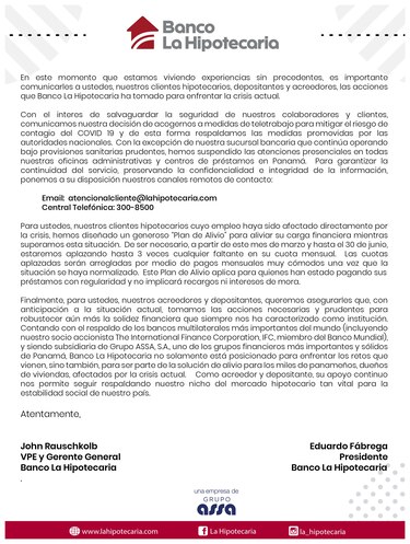 Medidas implementadas por Banco La Hipotecaria
