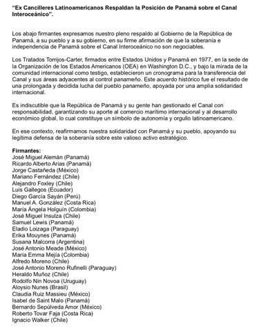 Excancilleres de América Latina respaldan a Panamá: ‘La soberanía del Canal no es negociable’