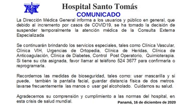 Hospital Santo Tomás suspende temporalmente atención en la consulta externa ante incremento de casos de la Covid-19