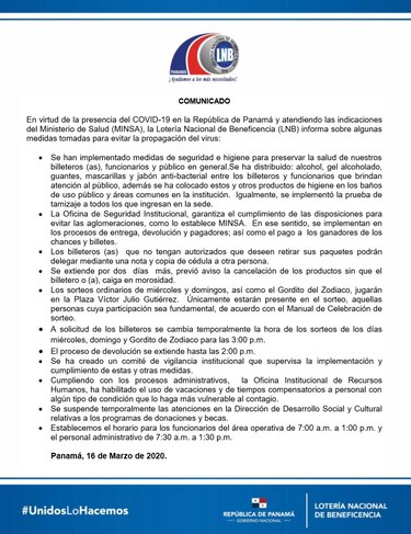 Cambian temporalmente el horario de los sorteos de la Lotería por medidas preventivas frente al coronavirus