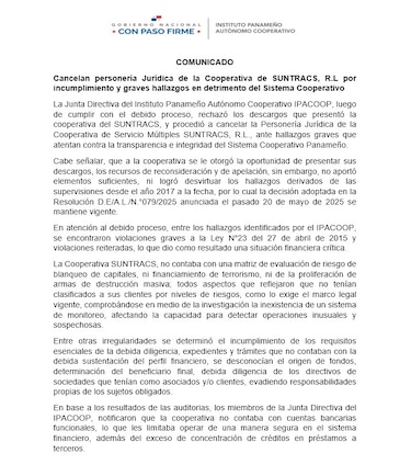 Ipacoop cancela personería jurídica de la cooperativa de Suntracs tras detectar ‘faltas graves’