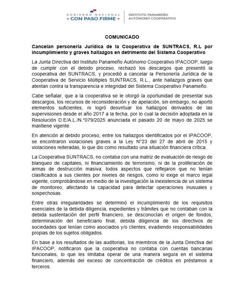 Ipacoop cancela personería jurídica de la cooperativa de Suntracs tras detectar ‘faltas graves’