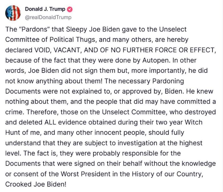 Trump dice que los indultos concedidos por Joe Biden son nulos