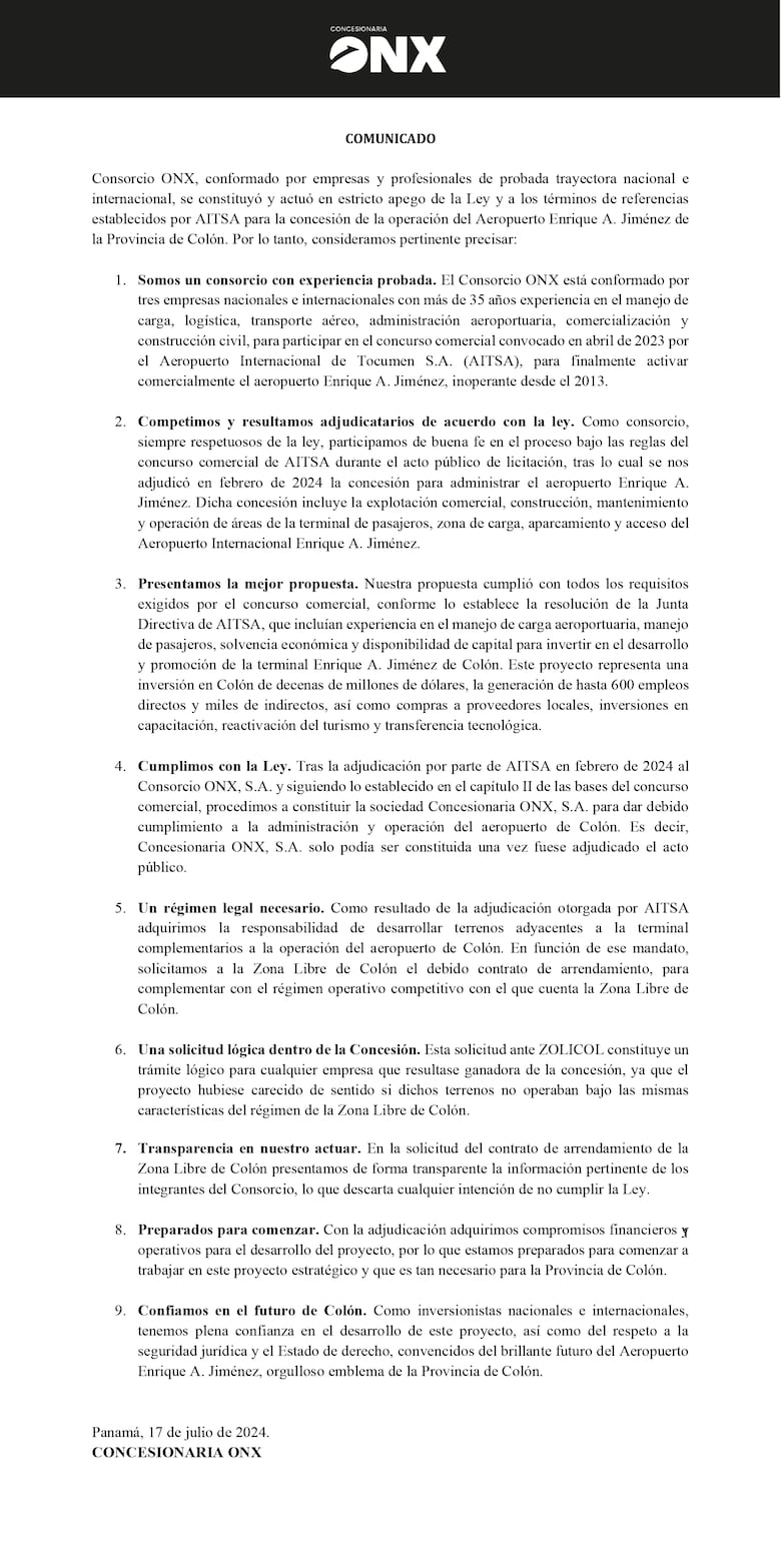 Habla el consorcio colonense acusado por la Presidencia: ‘descartamos cualquier intención de no cumplir la ley’
