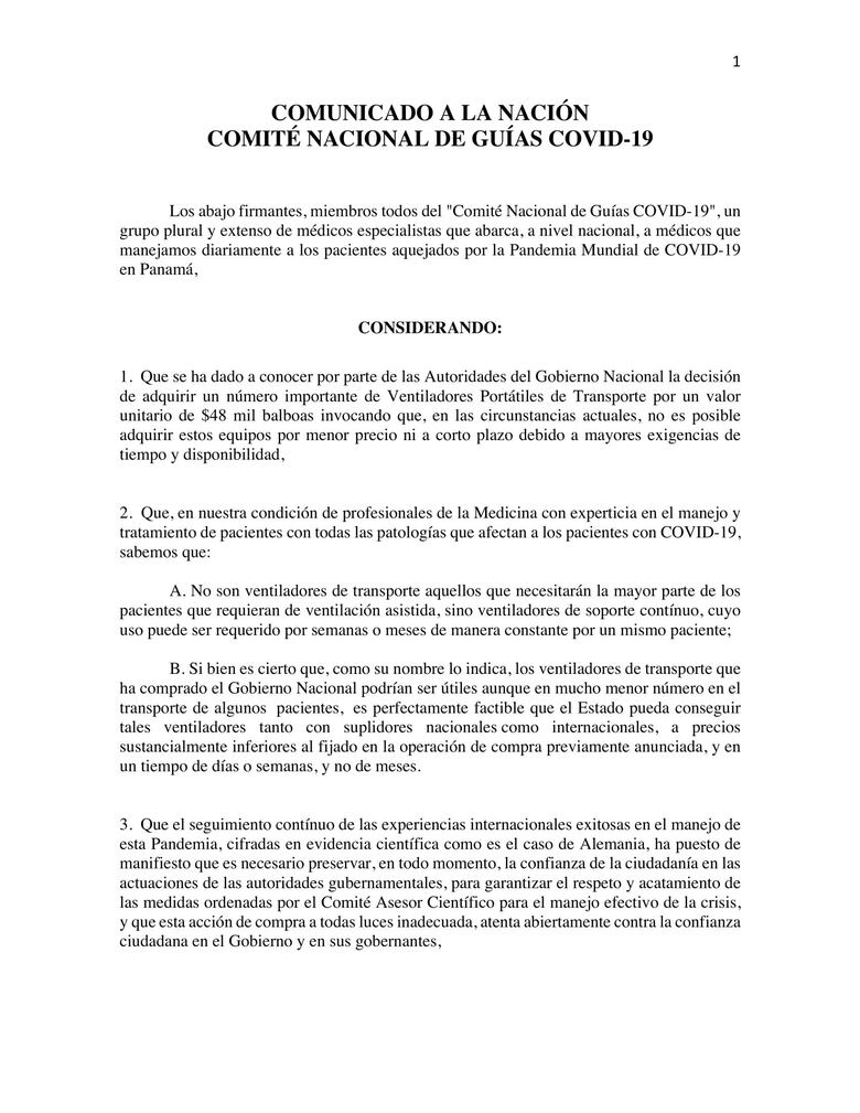 Piden al Ejecutivo crear comité científico que evalúe la adquisición de insumos y equipos para enfrentar el Covid-19