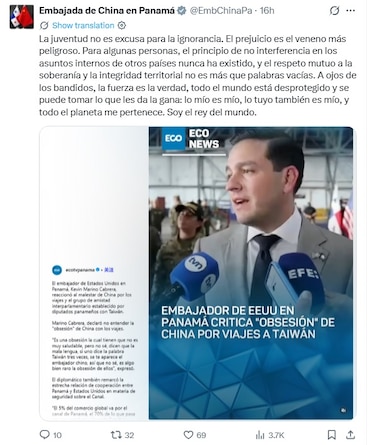 Embajada China en Panamá le responde a embajador de Estados Unidos Kevin Cabrera: ‘La juventud no es excusa para la ignorancia’