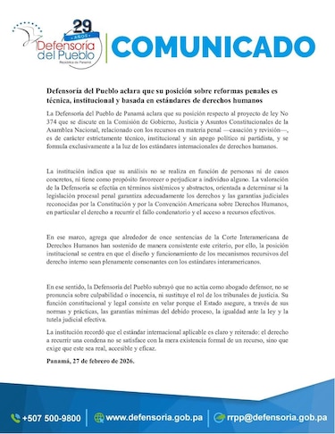 Defensoría se desmarca de lecturas políticas sobre reforma penal que podría beneficiar a Martinelli