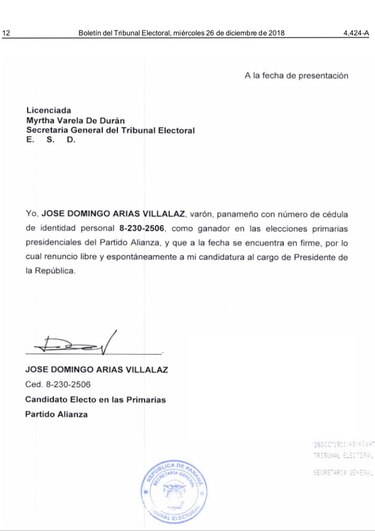 José Domingo Arias renuncia a la candidatura presidencial por el partido Alianza