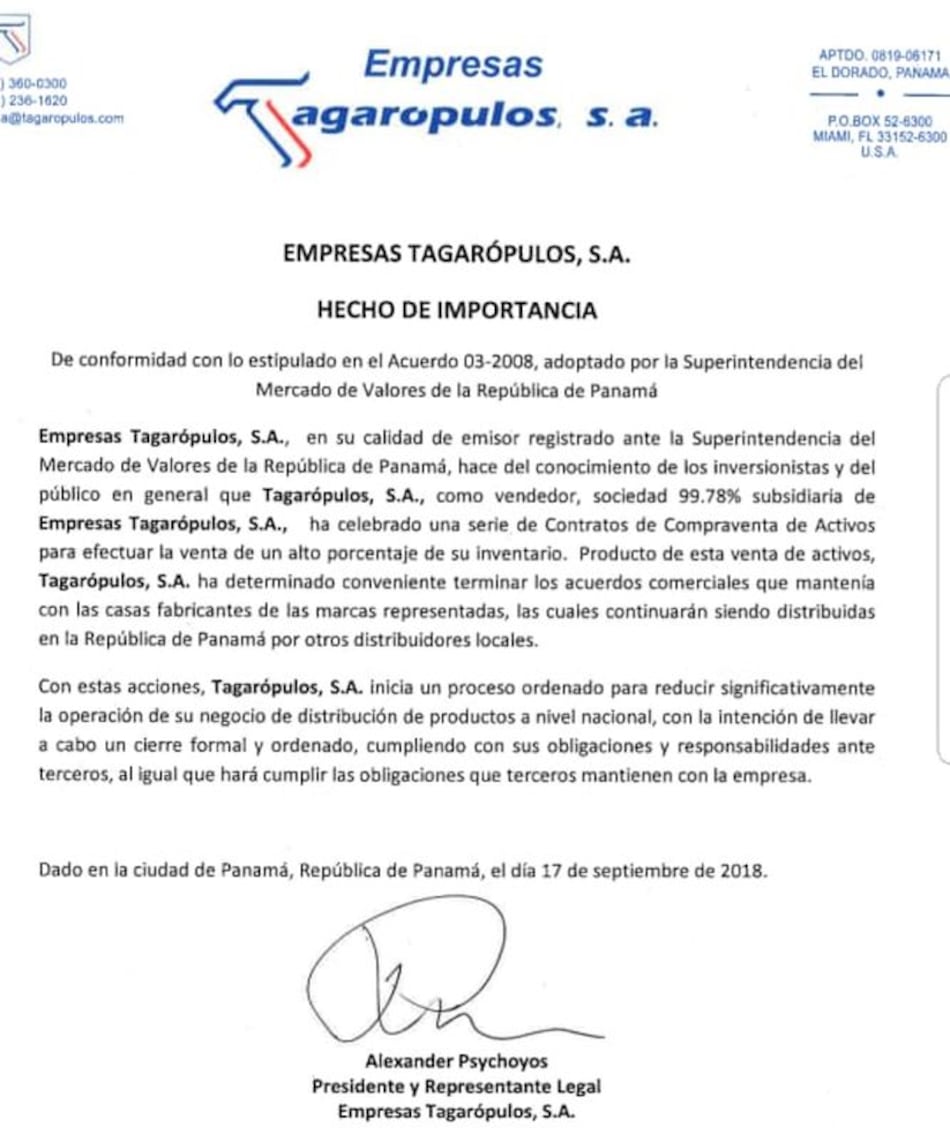 Tagarópulos anuncia el cese de sus operaciones