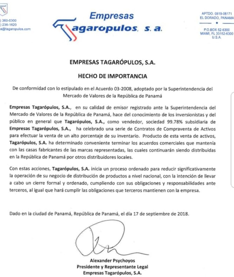 Tagarópulos anuncia el cese de sus operaciones