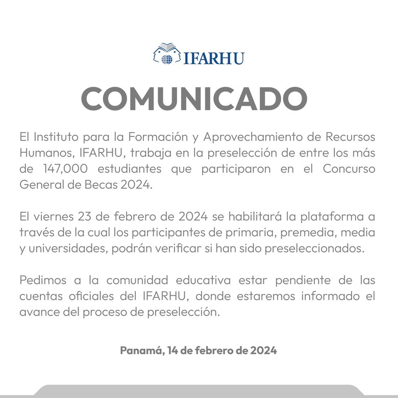 A partir del viernes 23 de febrero se divulgará la lista de preseleccionados para las becas del Ifarhu