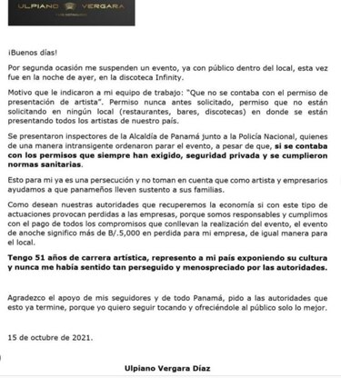 Ulpiano Vergara denuncia que por segunda ocasión le suspenden un evento