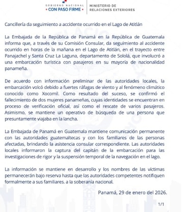 Embajada da asistencia a panameños tras accidente en el lago de Atitlán en Guatemala