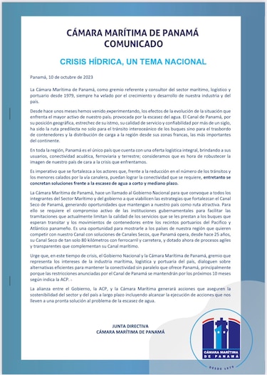 Cámara Marítima pide medidas para mantener la conectividad frente a la crisis hídrica en el Canal