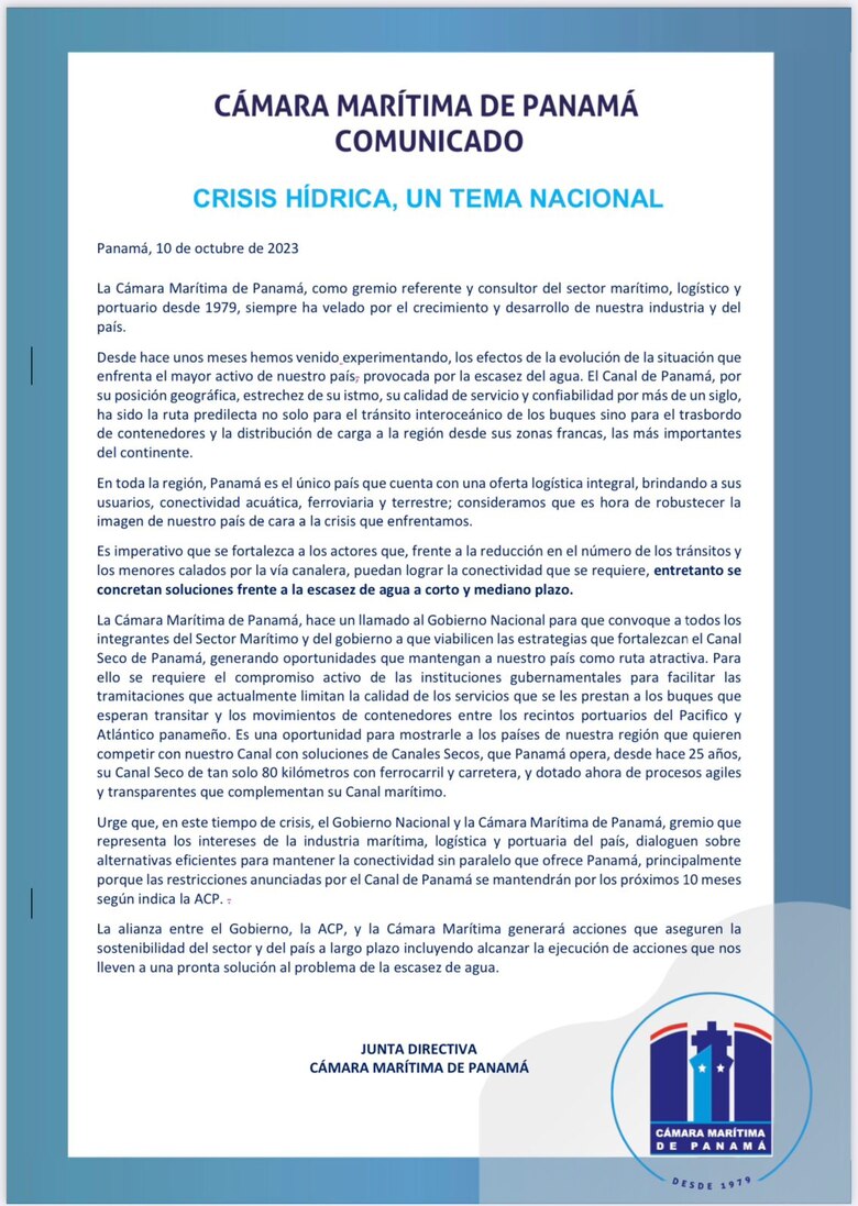 Cámara Marítima pide medidas para mantener la conectividad frente a la crisis hídrica en el Canal