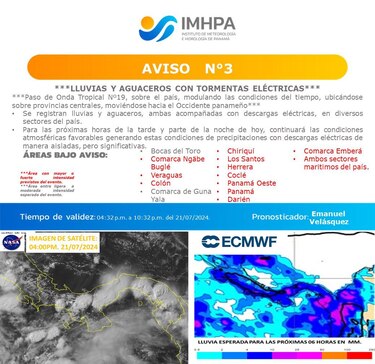 El Impha emite aviso de vigilancia por lluvias en diferentes puntos del país