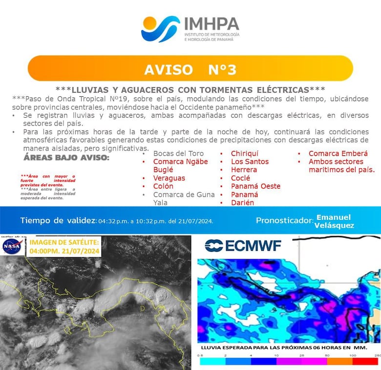 El Impha emite aviso de vigilancia por lluvias en diferentes puntos del país