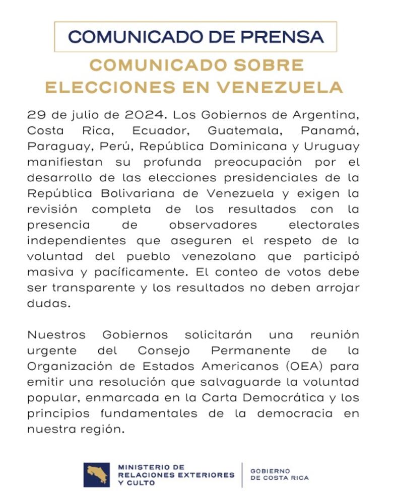 Panamá y otros ocho países de la región exigen una revisión del resultado electoral en Venezuela