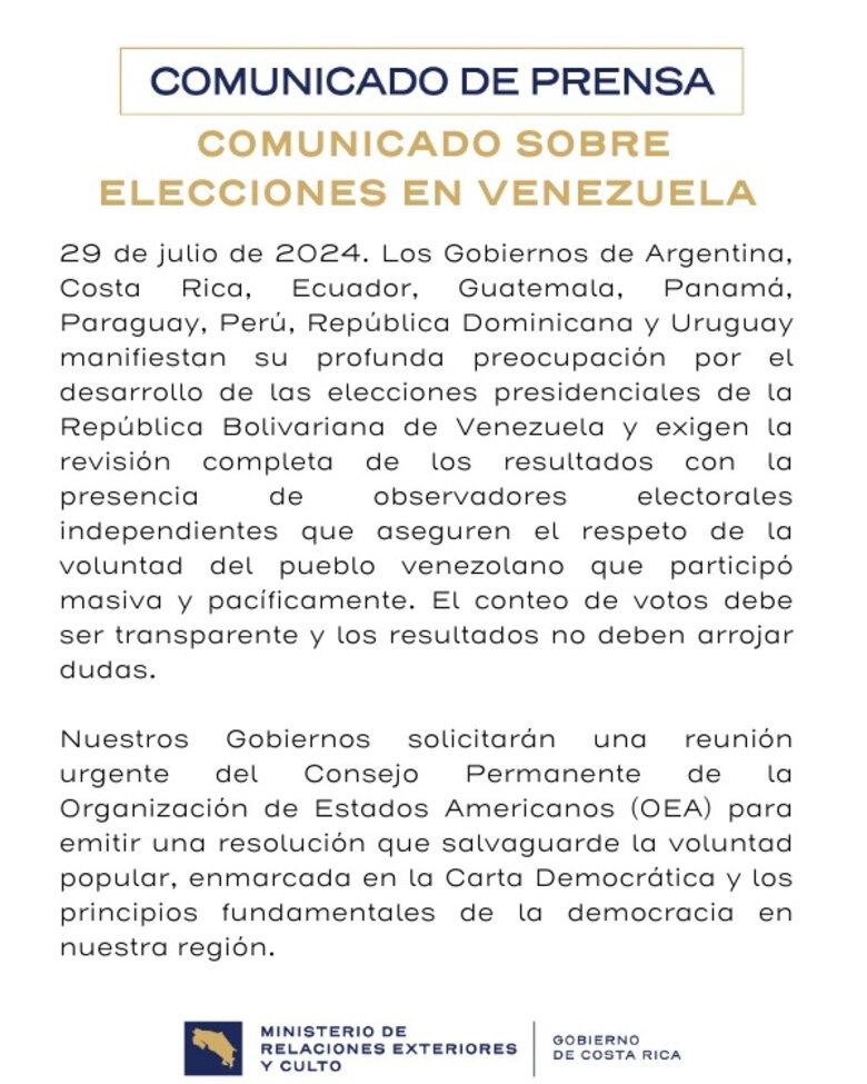 Panamá y otros ocho países de la región exigen una revisión del resultado electoral en Venezuela